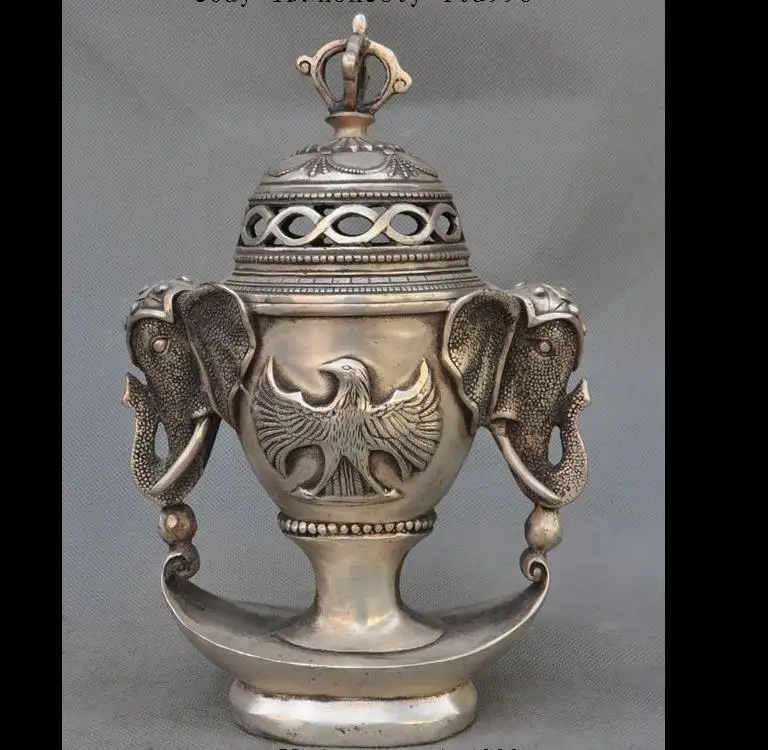 

67111615+++9" Old Chinese Silver Elephant Head Eagles Lucky Statue Incense burner Censer