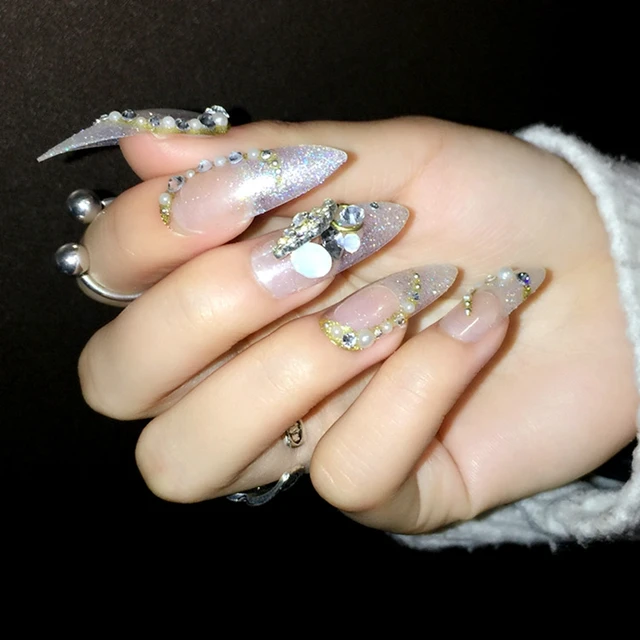 Point Long Acrylic French Nails Crystal False Nail Shimmer Point Long Acrylic French Nails Crystal False Nail Shimmer Glitter Clear Base Manicure Accessories 24pcs