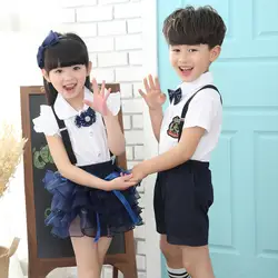 Детская класса костюм комплекты детской школьной формы для мальчиков и девочек галстук-бабочка хлопковая футболка + короткие штаны