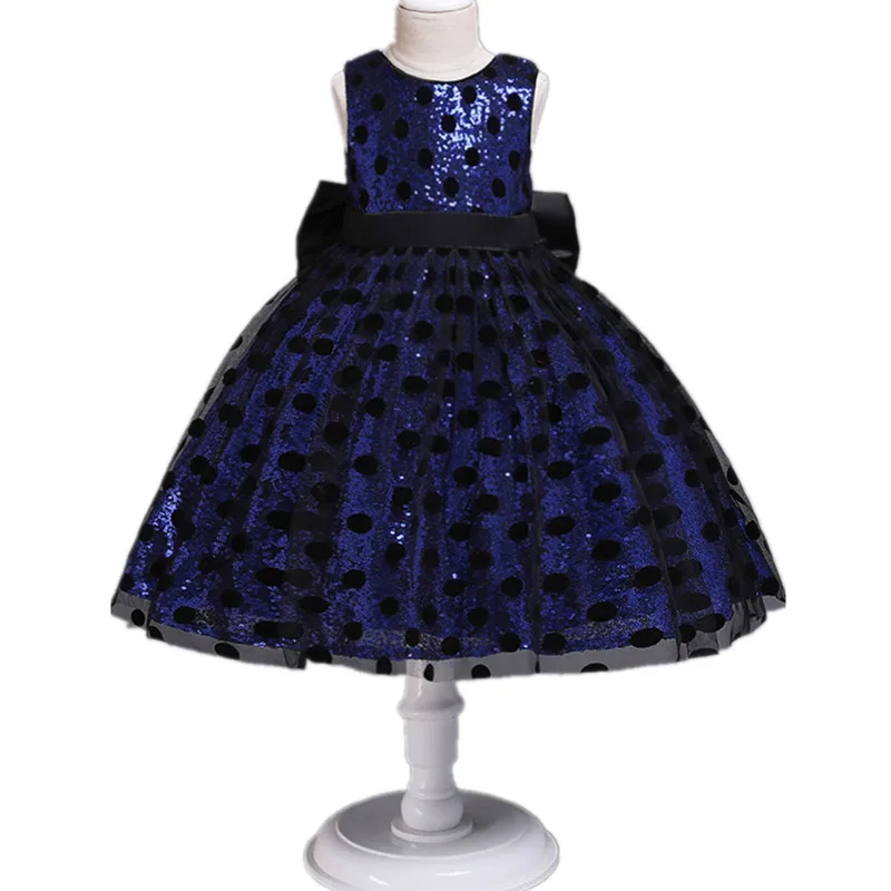 Royal blue Летнее Новое Стильное очень красивое платье принцессы для малышей, платье со стразами, праздничное платье в горошек с большим бантом для девочек - Цвет: Royal blue