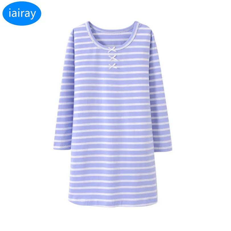 

pink stripe cotton long sleeping dress for girls 2 to 12 years casual loose night home dress striped nightgown kids sleepwear