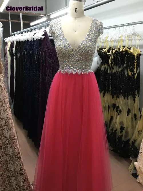 Costas nuas сексуальный luco pedras missangas vestido de formatura Роскошные камни из бисера сексуальный тюлевый с открытой спиной выпускное платье - Цвет: red