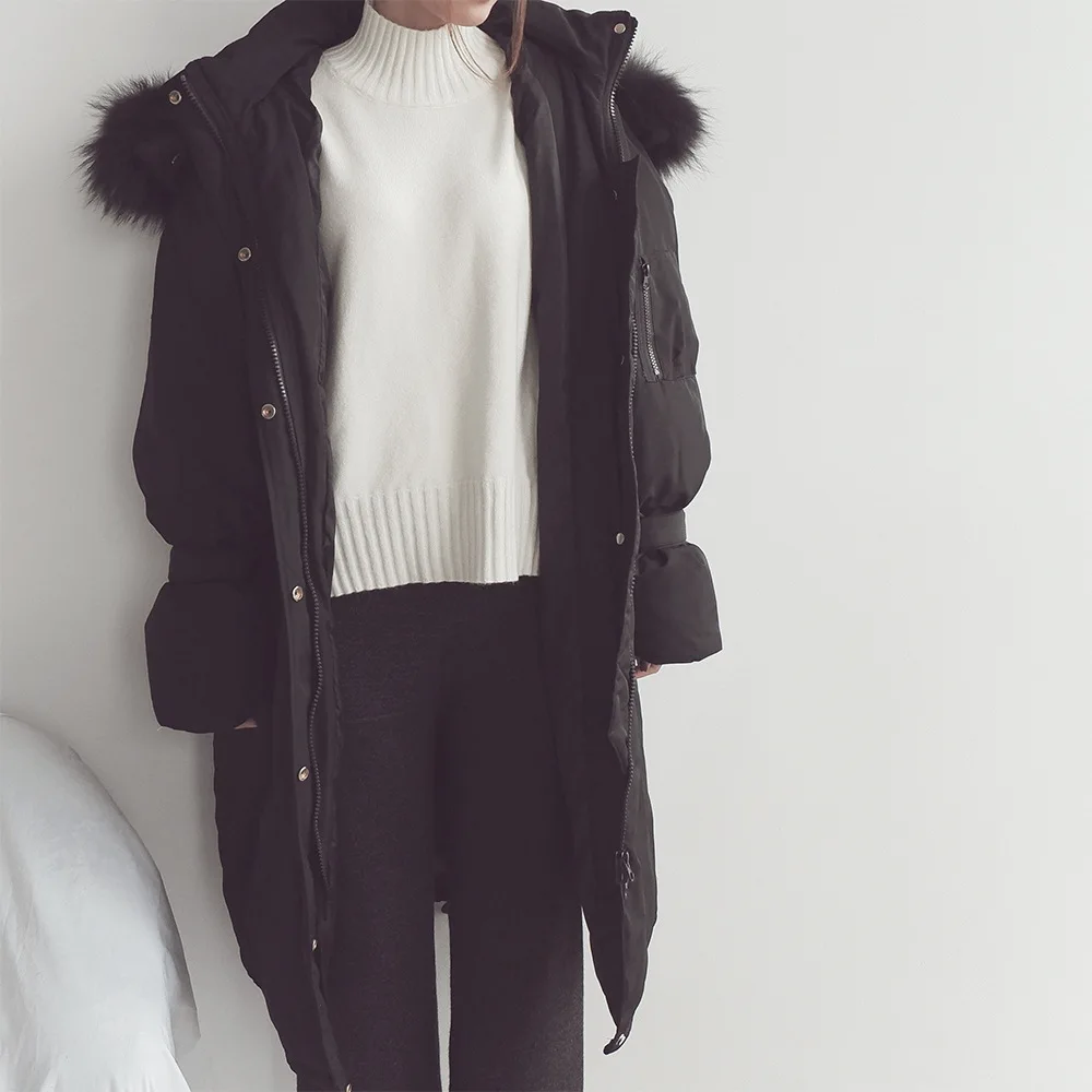 Зимний модный женский пуховик с капюшоном Женское пальто для беременных теплое белое пуховое пальто Верхняя одежда хорошее качество натуральный мех - Цвет: Черный