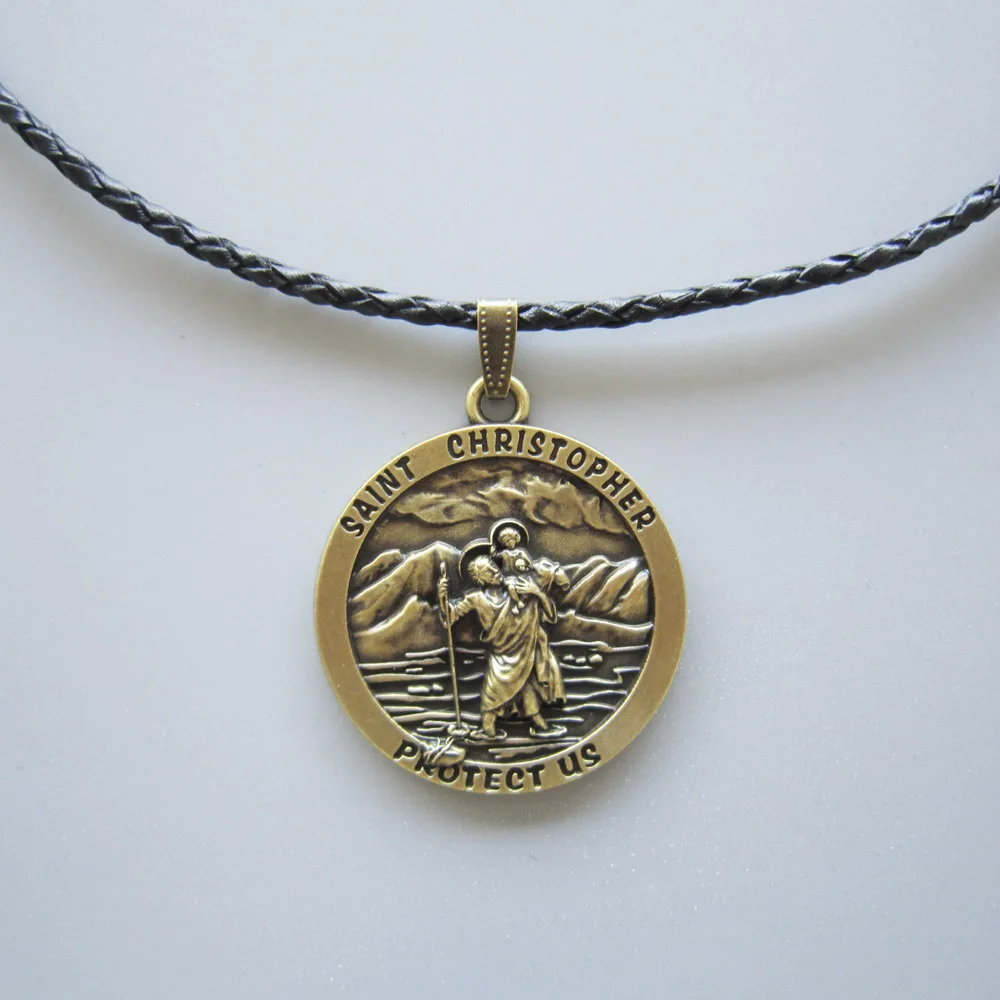 Antique Bronze Plated Saint Christopher Metal Charm Pendant Leather Necklace Neck Tie Antique Bronze Plated Saint Christopher Metal Charm Pendant Leather Necklace Neck Tie