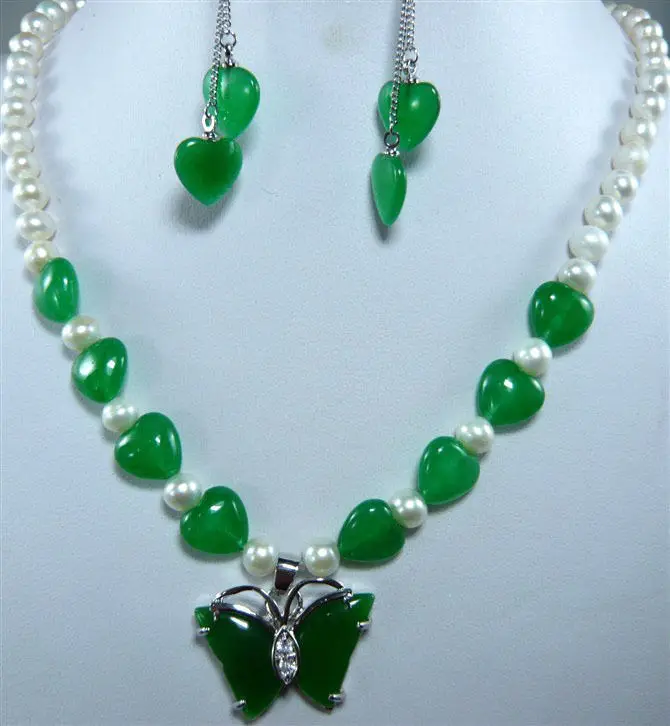 

FREE SHIPPING3colors!pearl-green jade necklace +jade pink/blue zircon butterfly pendant set (A0423) -Bride jewelry free shipping