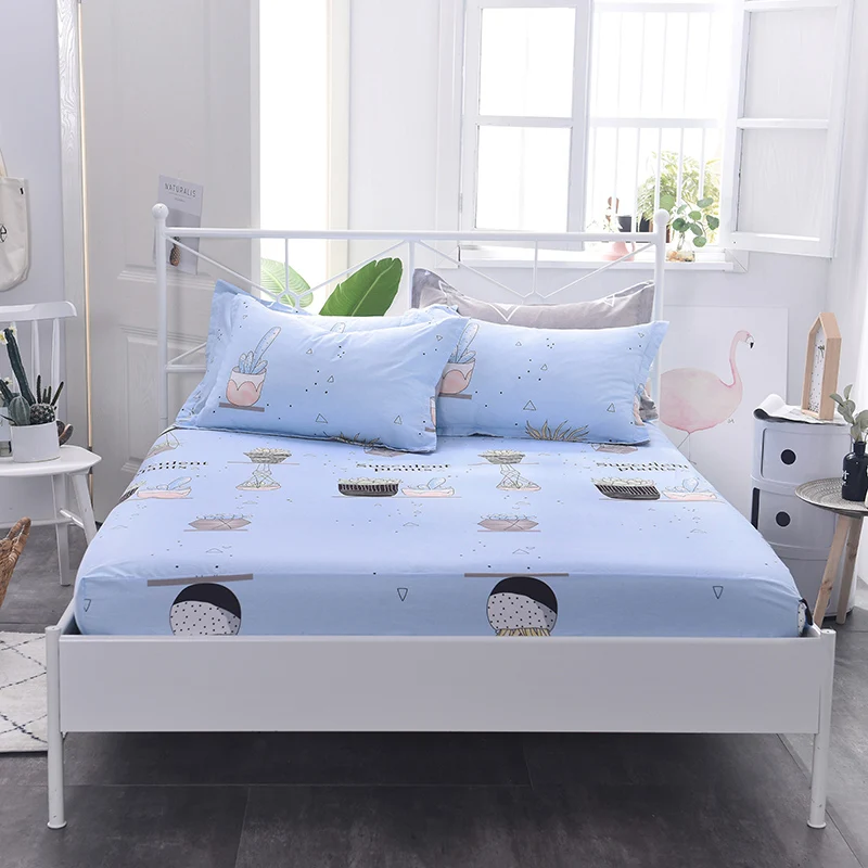 

Light Blue Cartoon Succulent Pattern 3Pc Fitted Sheet Sheets With Elastic Band Factory Bed Linens Mattress Cover Pillowcase Soft