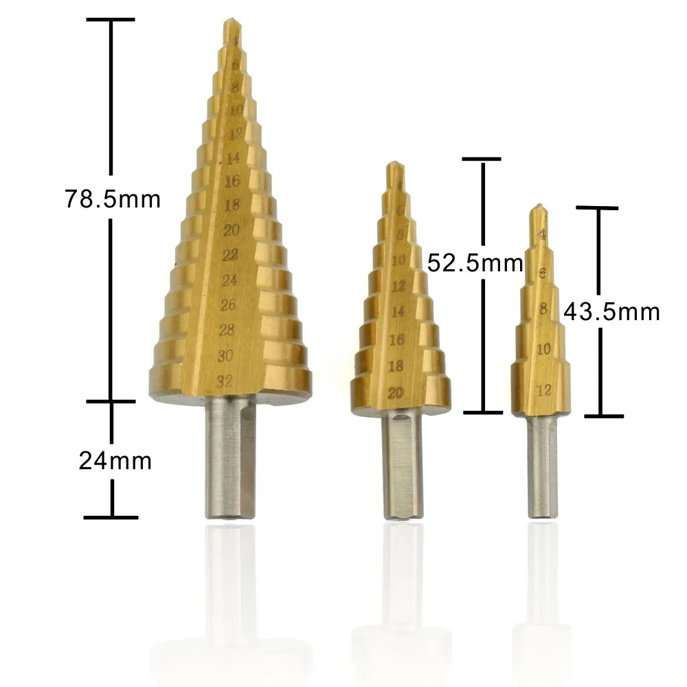 NEWACALOX большой шаг конус HSS Сталь спираль рифленые Шаг сверло отверстие резак инструмент для резки на возраст от 4 до 12 лет/20/32 мм с деревянной коробке 3 шт./компл