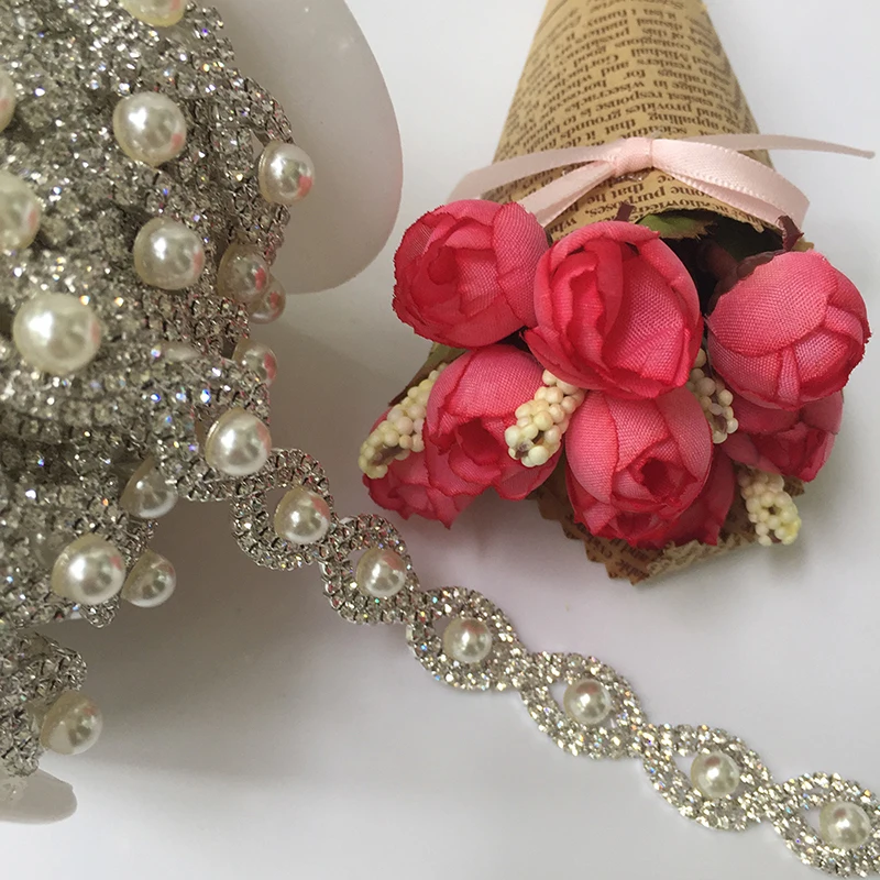 

5Yards Wedding Bridal Rhinestone Pearls Chain Crystal Trimming Ribbon Sparkle Diamante Sewing on Trim