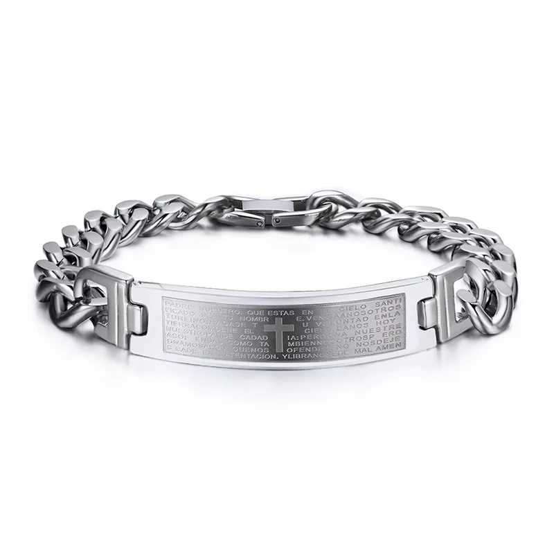 Mens Religious Cross Silver Tone English Bible Lords Prayer Link Wrist