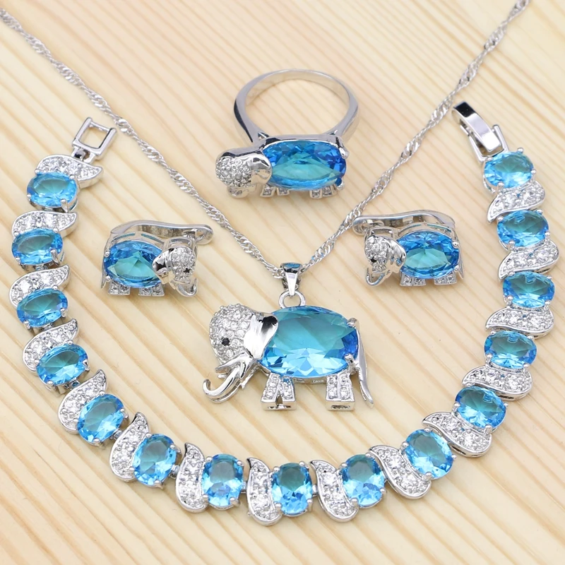 Silver 925 Jewelry Sets For Women Sky Blue Cubic zirconia Elephant Shaped Ring Bracelet Necklace Pendant Stud Earrings Set (1)