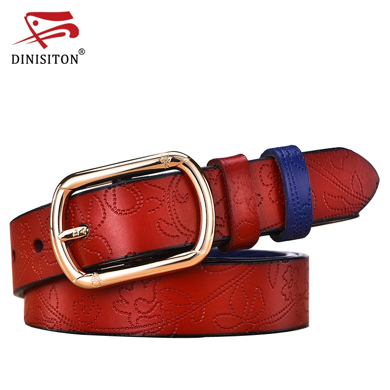 DINISITON Genuine leather women belt Floral carved vintage metal