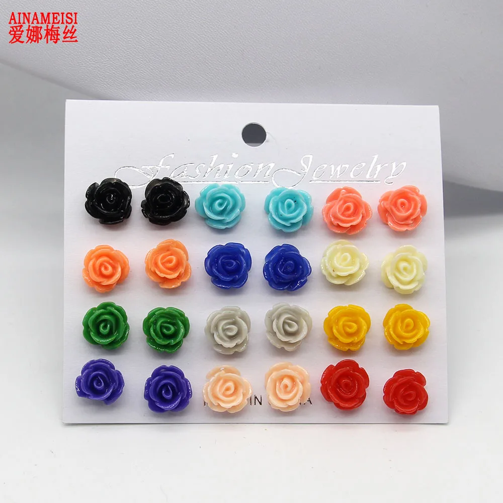 AINAMEISI 12 пар/лот стиль красочные серьги-гвоздики с цветочным украшением из Комплект сережек для женщин, Лидер продаж, красивое платье с цветами для Для женщин s, ювелирное изделие, подарок