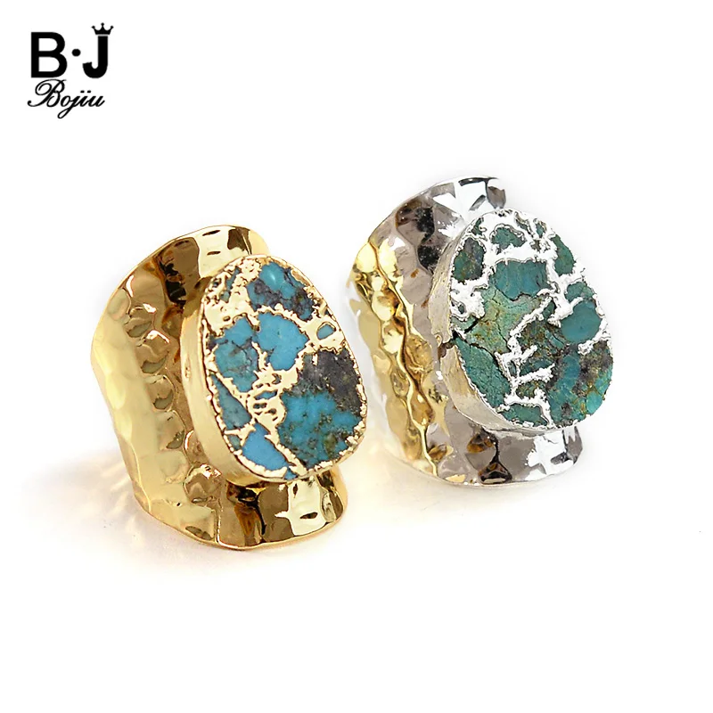 

BOJIU Fashion Natural Turq. Big Stone Rings For Women Adjustable Female Pear Gold & Silver Copper Ring Femme Jewelry Gift RI035