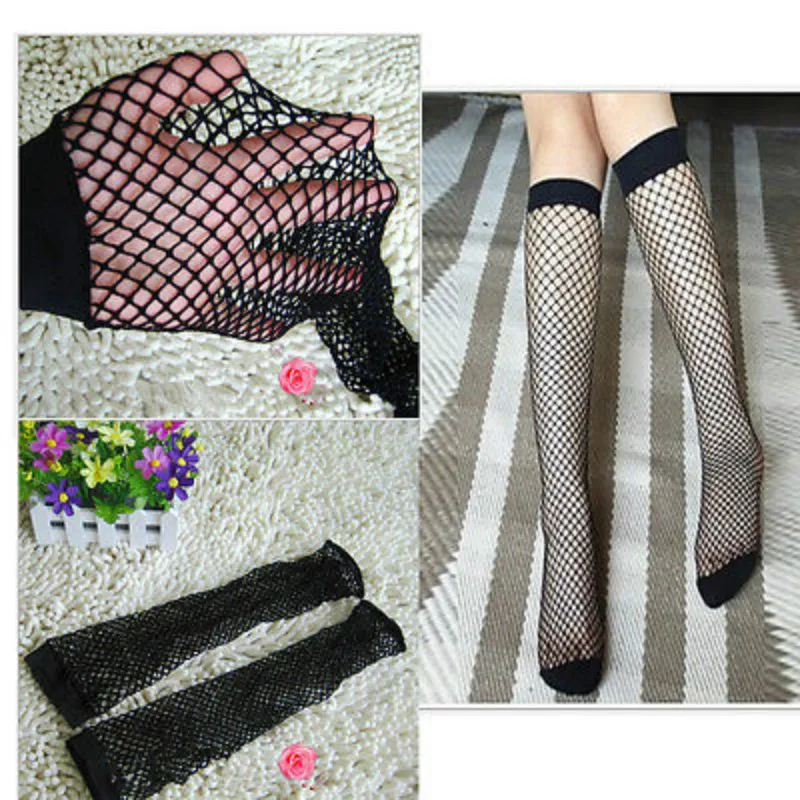 

Women Nylon Knee High Fishnet Mesh Net Solid Color Fish Net Hollow Short Crew Socks Sokken Calcetines Intriguing Black