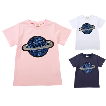 

NEW SUMMER Sequins Planet Printing Children T-shirt Boy Girls Short Sleeve Fashion Sequin T shirt Baby Cotton Tops 2-7year Vest