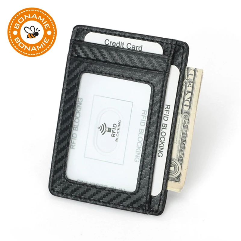 

BONAMIE Carbon Fiber Credit Card Holder Mini Slim RFID Wallets Pu Leather Black Business Card Holder For Men Simple Purse Bag