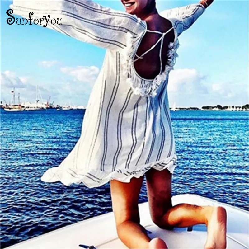 

New Cotton Striped Tassel Mini Dress Tunics for Beach 2019 Women O neck Pareo Beach Dress