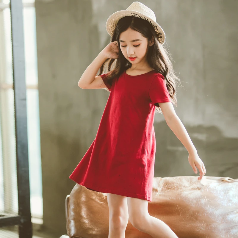 Vestido de verano para niñas, ropa informal algodón de Color liso con cuello redondo, manga corta, de 4 a años|Vestidos| AliExpress