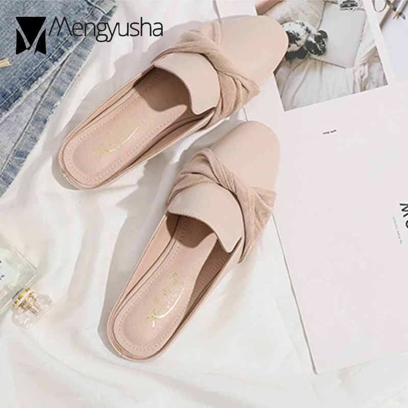 

comfy soft microfiber close toe mules slippers women summer new twist pleated bow flats slides outside casual flipflops shoes 42