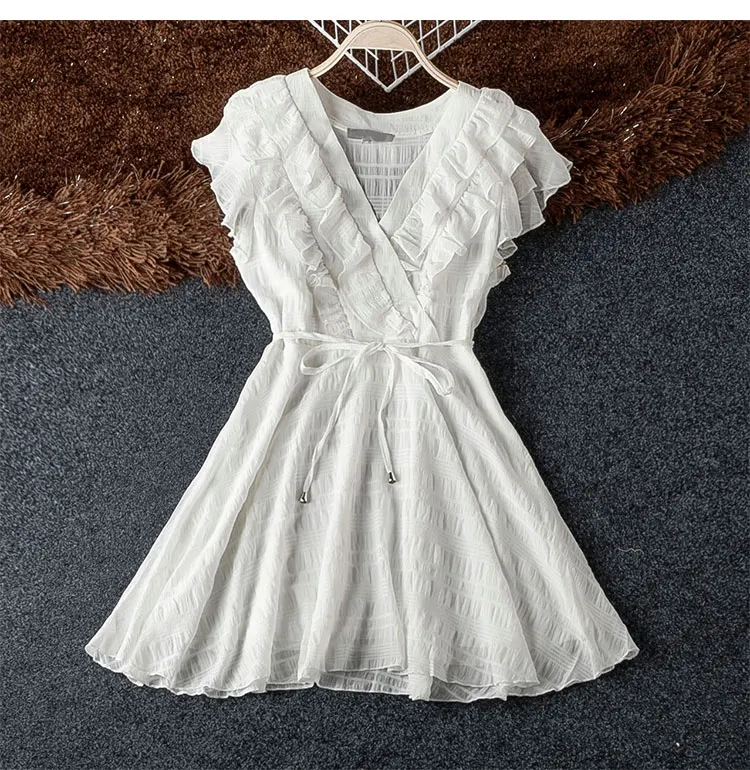 Очень хорошее качество, однотонное женское платье с перекрестным v-образным вырезом,, модное летнее новое платье с рюшами, тонкое, с большим подолом, элегантное женское платье s - Цвет: Белый