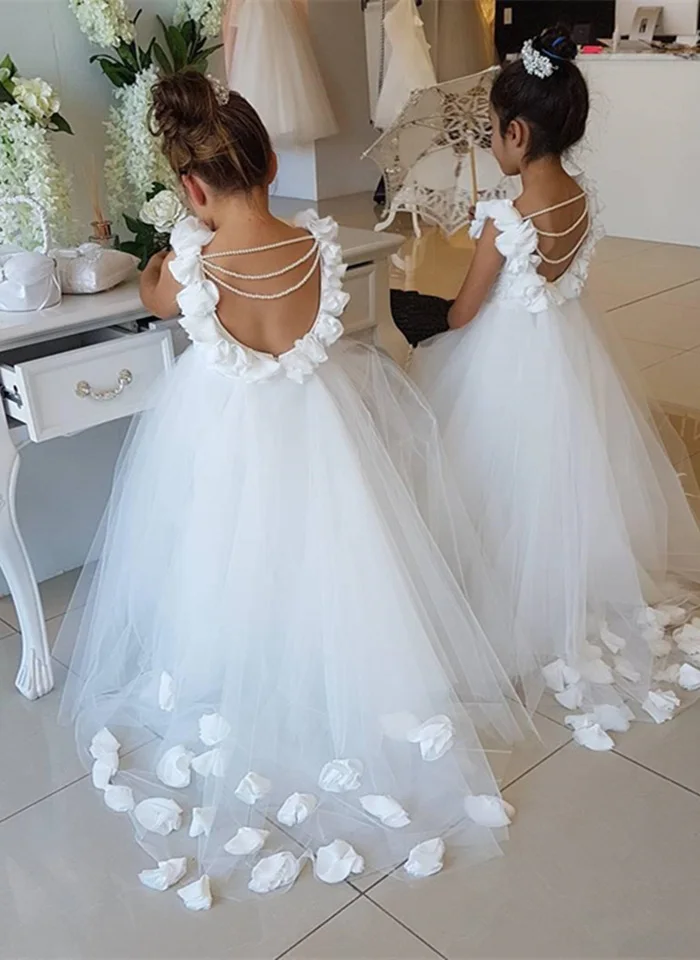 Милое белое платье с цветочным узором для девочек, платье для первого причастия, кружевное фатиновое платье с рюшами и жемчужинами, детское