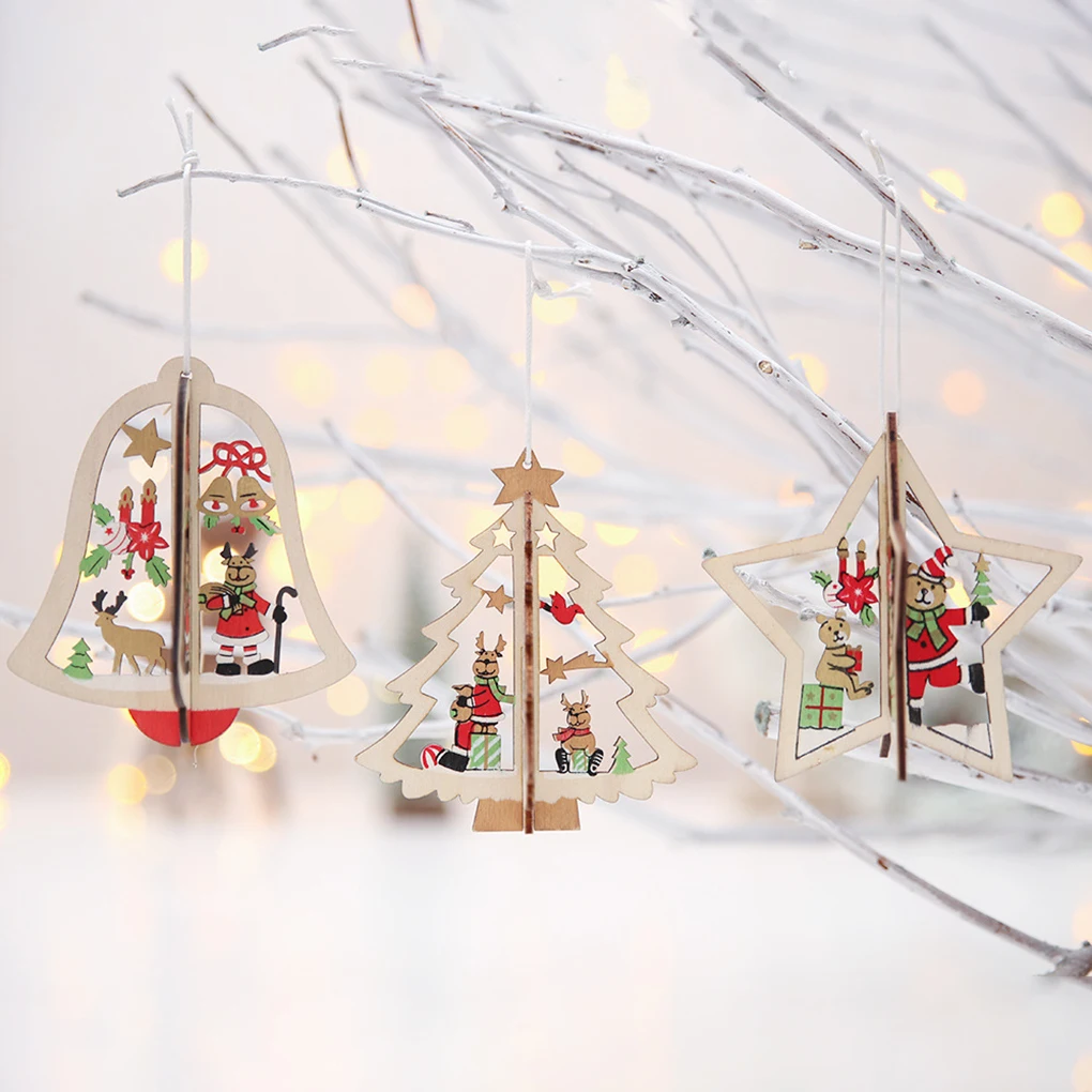 

Wooden Christmas Tree Decorative Ornament 3D Wood Tree Bell Star Pendant Hanging Home Party Decoration