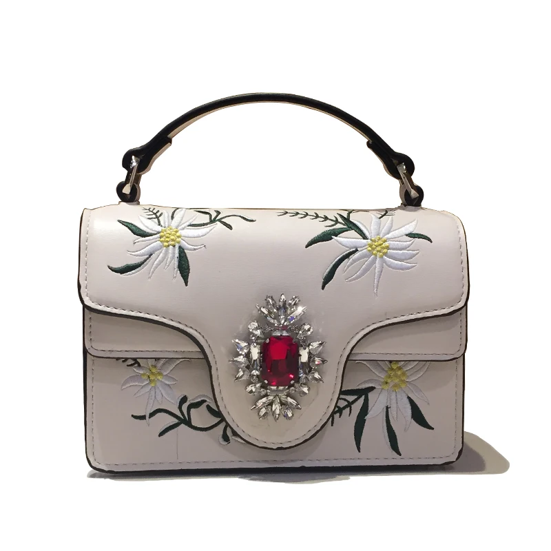 2017 New Fashion Women Fine Diamonds Handbags Lady Real Leather Bags Woman Embroidery Flowers