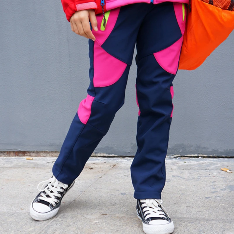 Niños Patchwork invierno Trekking pesca senderismo Softshell pantalones niños niñas lana al aire libre esquí pantalones calientes impermeables