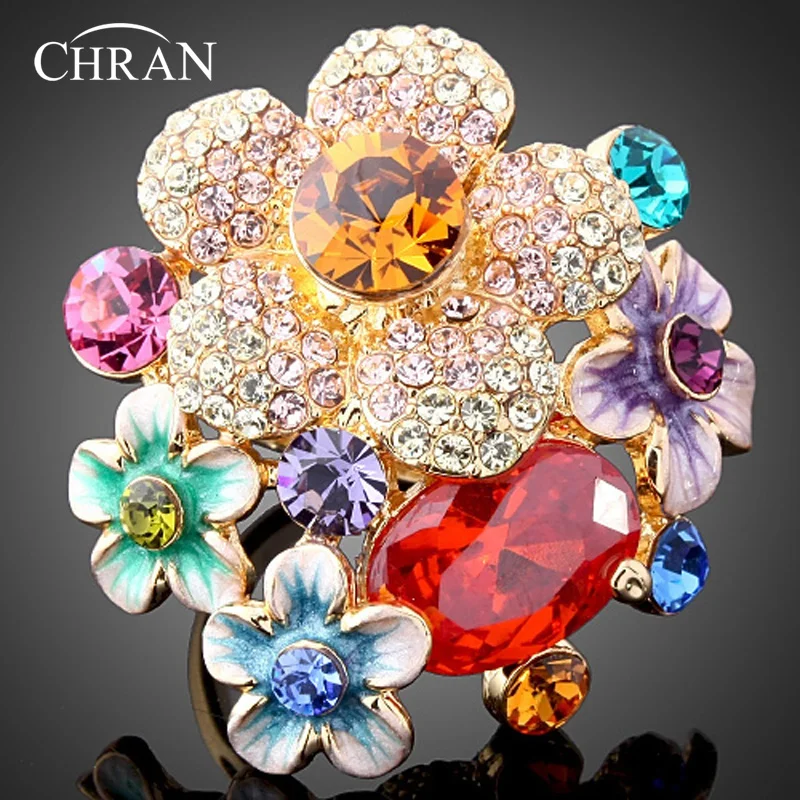 Chran новые Стразы Австрийские кристаллы Золотой Цвет Цветок Красного цвета модные ювелирные Кольца Подарочные для женщин