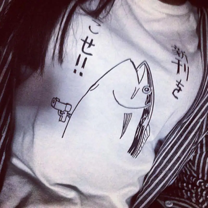 Модная женская футболка в японском стиле Харадзюку с коротким рукавом и принтом в виде рыбьего пистолета, Женская Повседневная футболка с круглым вырезом, женские футболки