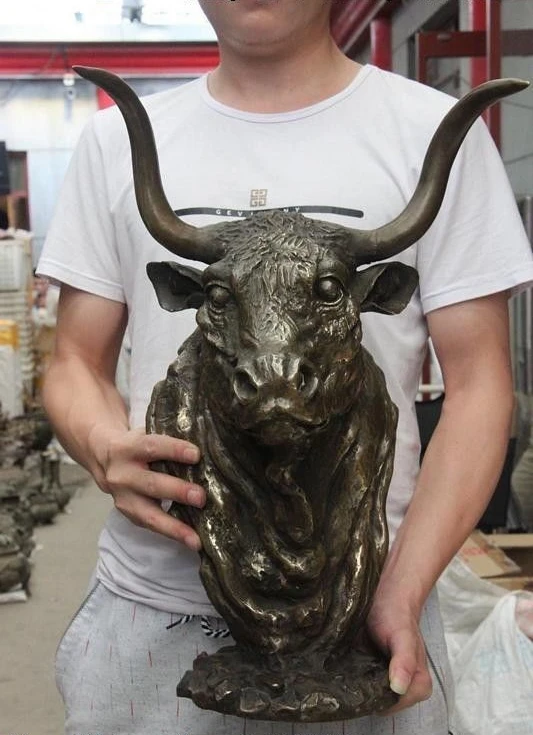 

20" Chinese Decoration Sculpture Copper Bronze Zodiac Cattle OX Bull Head Statue