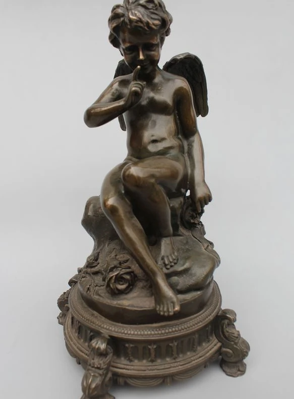 

12"Western Art sculpture Bronze MarbleLucky Boy Angell Men Statue