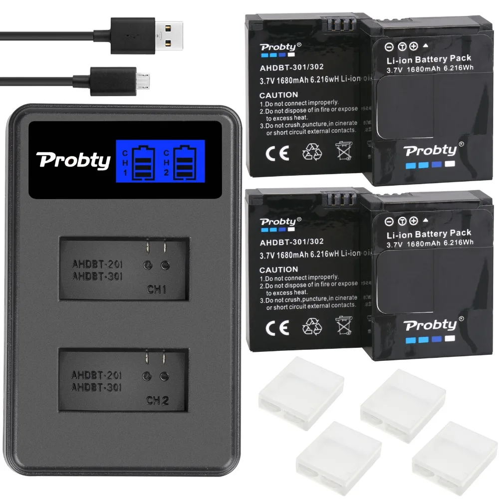 

PROBTY 4Pcs 1600mAh AHDBT-301 GoPro Hero3 Battery + LCD Dual Charger For GoPro Hero 3 Hero 3+ Camera Accessories