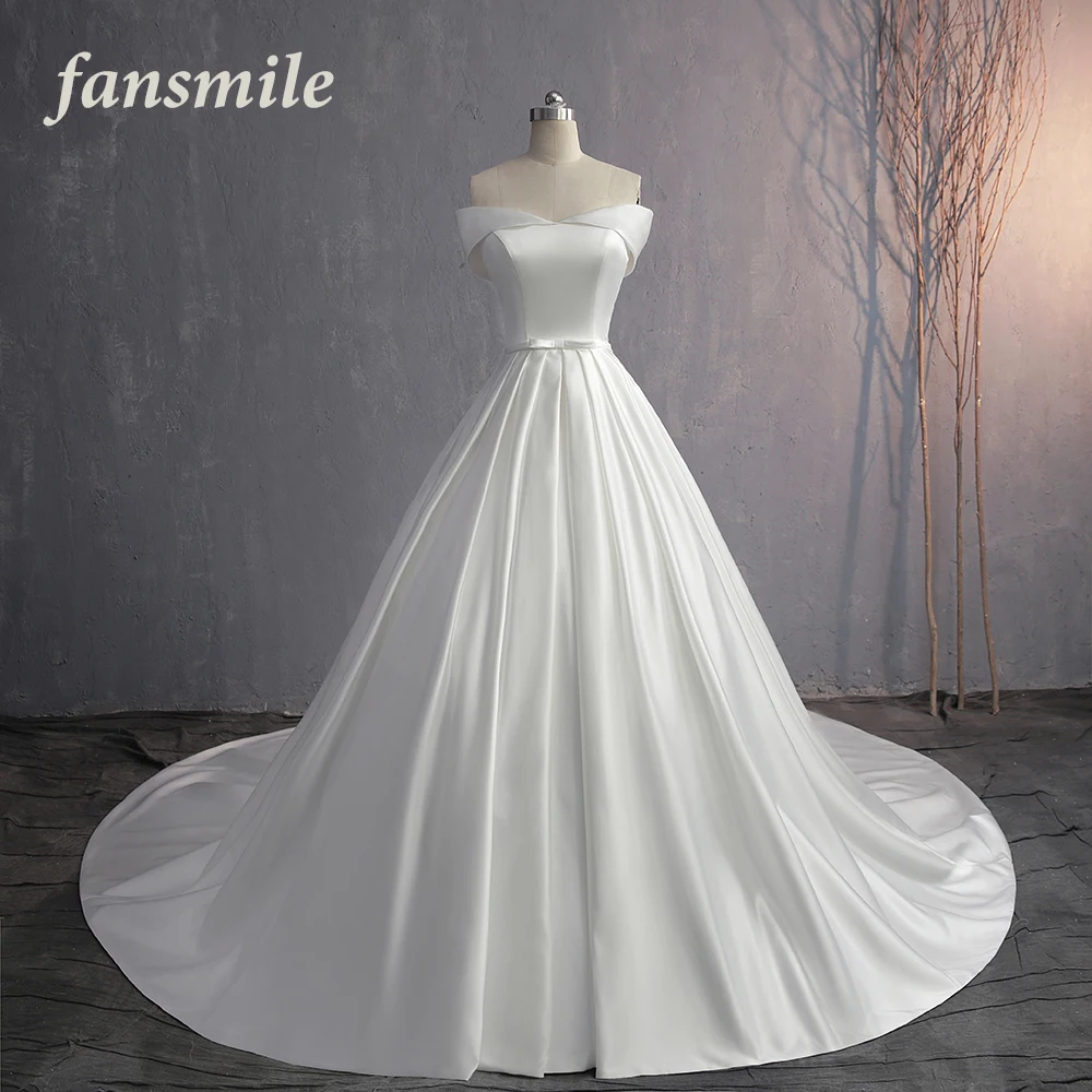 

Fansmile 2019 Vestido De Noiva Elegant Long Train Lustrous Satin Wedding Dress Custom Made Plus Size Bridal Dress FSM-586T