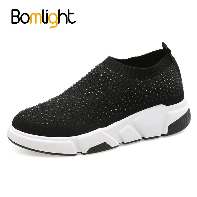 

Bomlight Bling Crystal Women Casual Shoes Hot Ins Ladies Stretch Sneakers Woven Sock Shoes Female Slip On Flats Loafers