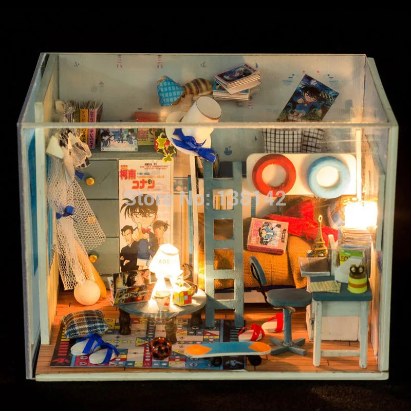 

Q004 DIY Wooden Doll House bedroom Furniture Lights Dust Cover Dollhouse Miniature Model miniatura conan Kits