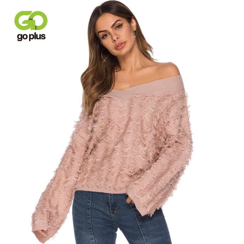 GOPLUS 2019 Spring Solid Hairy Knitted Sweater Women V-Neck Cotton Long Sleeve Pullover Ladies Befree Casual Female Tops | Женская
