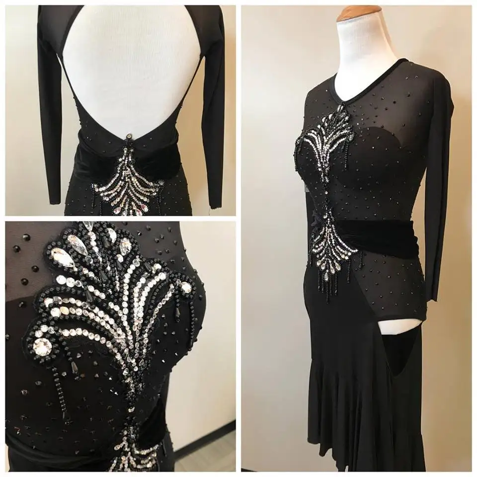 

latin dance dress women, Black longsleev backless Latin Cha Cha Tango dance dresses, Custom-mada handmade Rhinestone latin dress