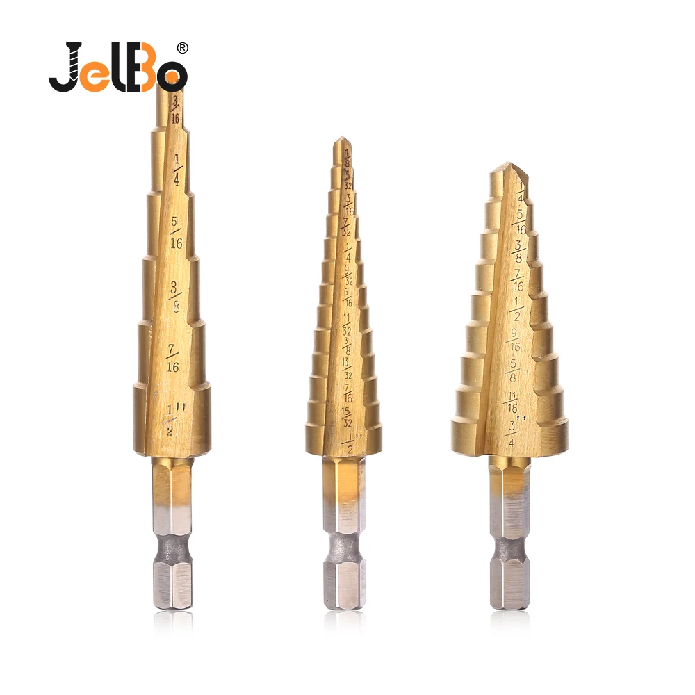 

JelBo 3pcs HSS Titanium Plating Step Drill Bits 3/16"-1/2'' 1/4"-3/4'' 1/8"-1/2'' High Speed Steel Wood Drilling Power Tools