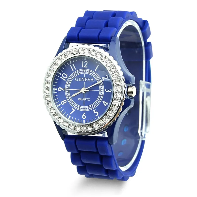 14 цветов, модные женские часы Geneva, стразы, кристалл, желе, гель, силиконовый, для девушек, Женские кварцевые наручные часы, аксессуар для платья - Цвет: Синий