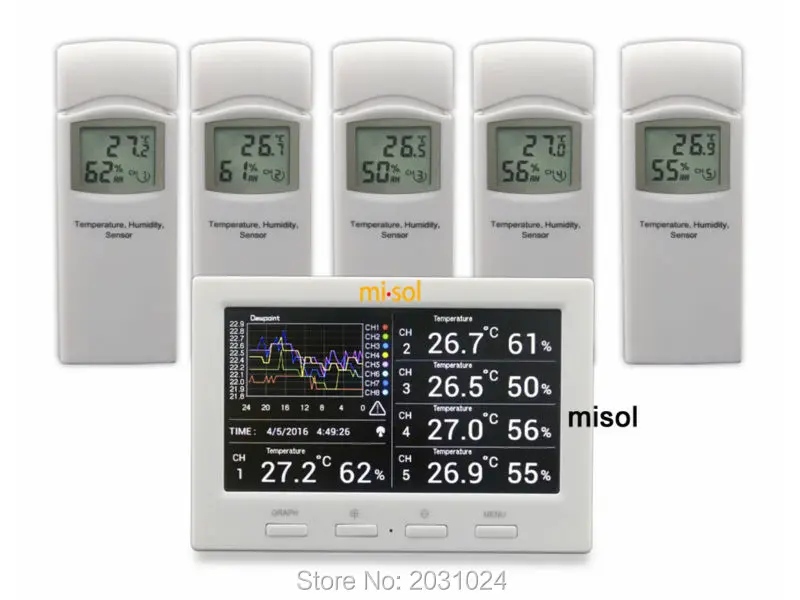 Free shipping/misol Wireless weather station with 5 sensors 5 channels color screen data logger connect to PC