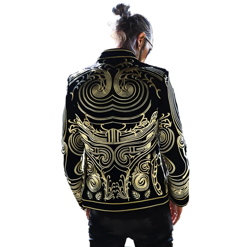 

2019 Luxury Men Blazers Gold Embroider Jacket Slim Fit Blazer Suits Coat Black European Style Dj Male Singer Host Stage Costume