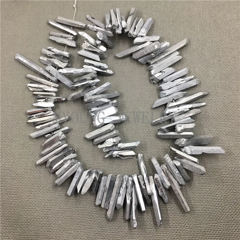 MY0787 Natural Crystal Quartz Titanium Stick Beads,Silver Coated Spike Point Beads,Raw Quartz Top Drilled Beads (1)