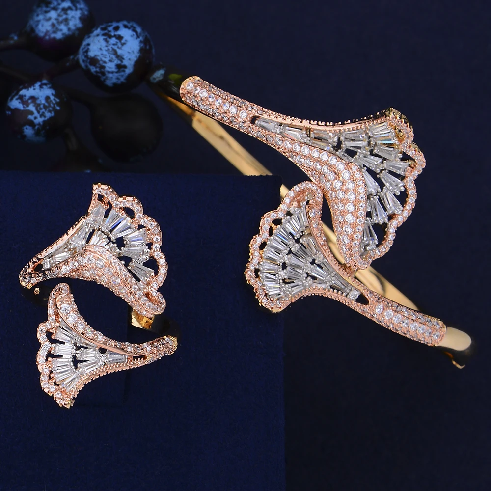 

Trendy Flower Shape Indian Wedding Jewelry Sets Full Cubic Zirconia Resizable Bangle Bracelet Ring For Women Engagement