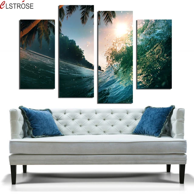 

CLSTROSE 4 Pcs Modern Sea Water Landscape Canvas Painting Coconut Tree Sea view Modular Pictures On Wall Decor For Living Room