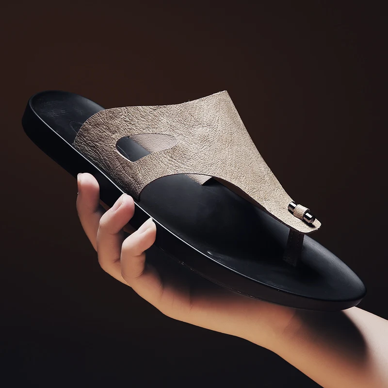 

Mens PU Leather Flip Flops Genuine Leather Slippers Men Casual Beach Shoes Fashion Sandals Summer Breathable C4