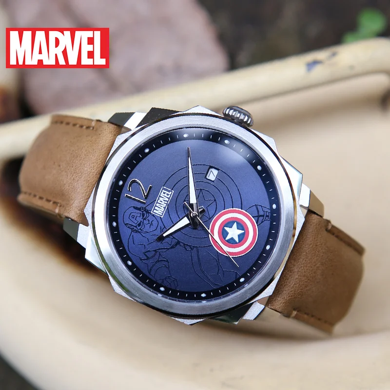 Disney официальный подлинный Марвел Капитан Америка оболочки Мужские кварцевые часы 50 м Водонепроницаемый Календарь кожа Нержавеющая сталь m-9038