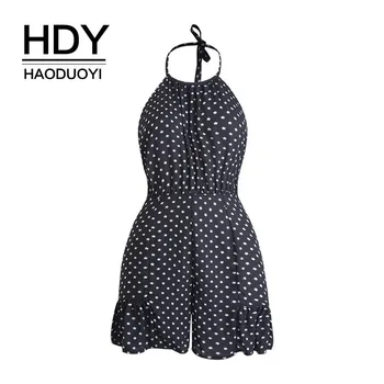 

HDY Haoduoyi 2019 New-Coming Summer Holiday Open Back O-neck Dot Brief Ruffles Beach Style Short-Length Sexy Women Playsuits