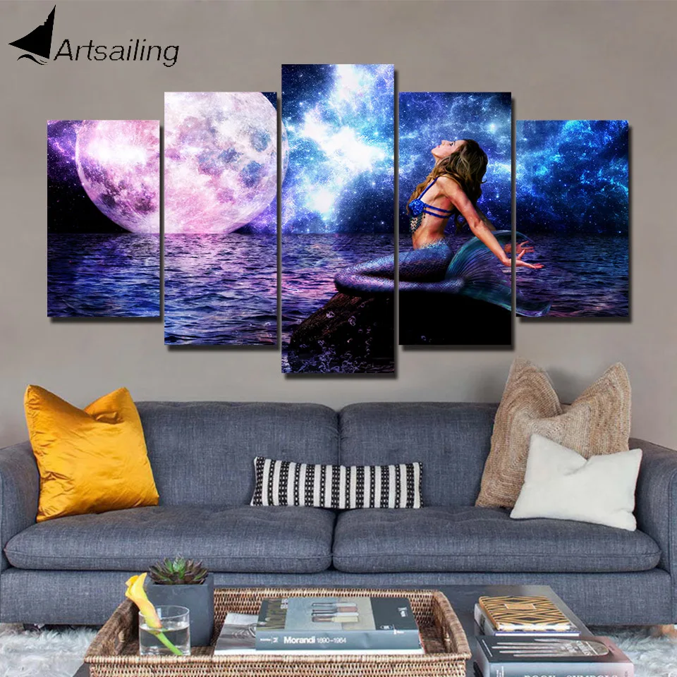 

ArtSailing 5 panel wall art on canvas Moonlight Mermaid home decoration accessories image paintings for living room ny-4909