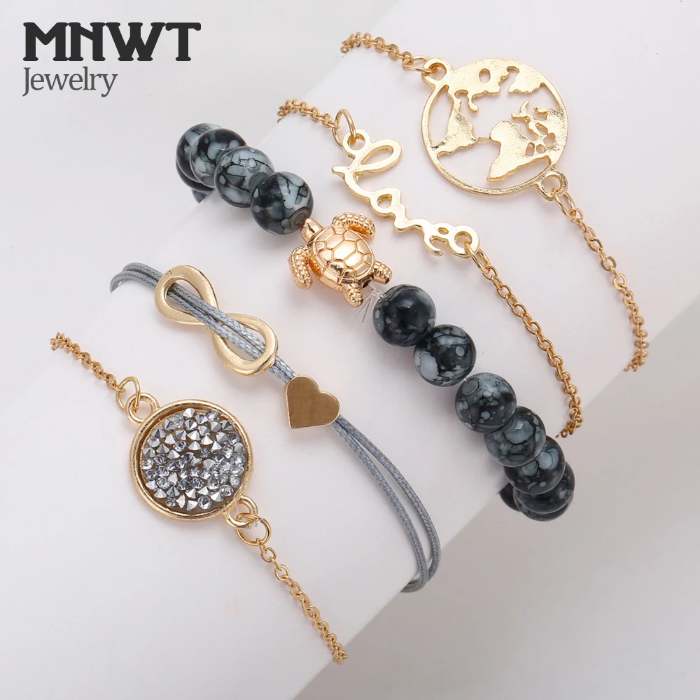 

MNWT 5PCS/Set Boho Crystal Stone Infinite Chain Bracelet Turtle Heart Earth Map Bead Charm Bracelets Multilayer Pendant Bracelet